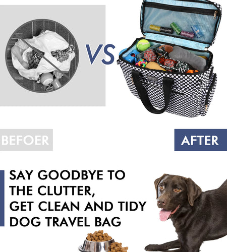 Dog Travel Bag, Weekend Pet Travel Set for Dog and Cat, Airline Approved Tote Organizer with Multi-Function Pockets-Polka Dots