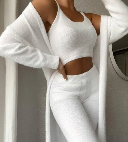 Fall Winter Fashion Women Sweater Pajamas Set Cozy Lounge Wear Fuzzy Fleece Sleepwear with Robe 3 Pieces Lounge Wear Sets