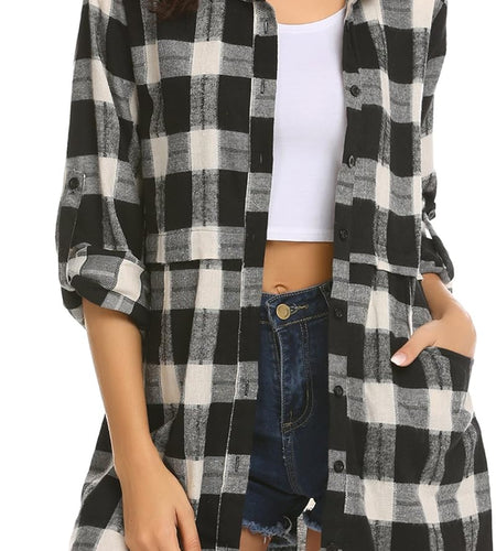 Womens Flannel Plaid Shirts Roll up Long Sleeve Pockets Mid-Long Casual Boyfriend Shirts