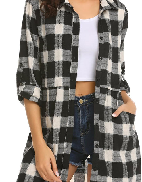 Load image into Gallery viewer, Womens Flannel Plaid Shirts Roll up Long Sleeve Pockets Mid-Long Casual Boyfriend Shirts
