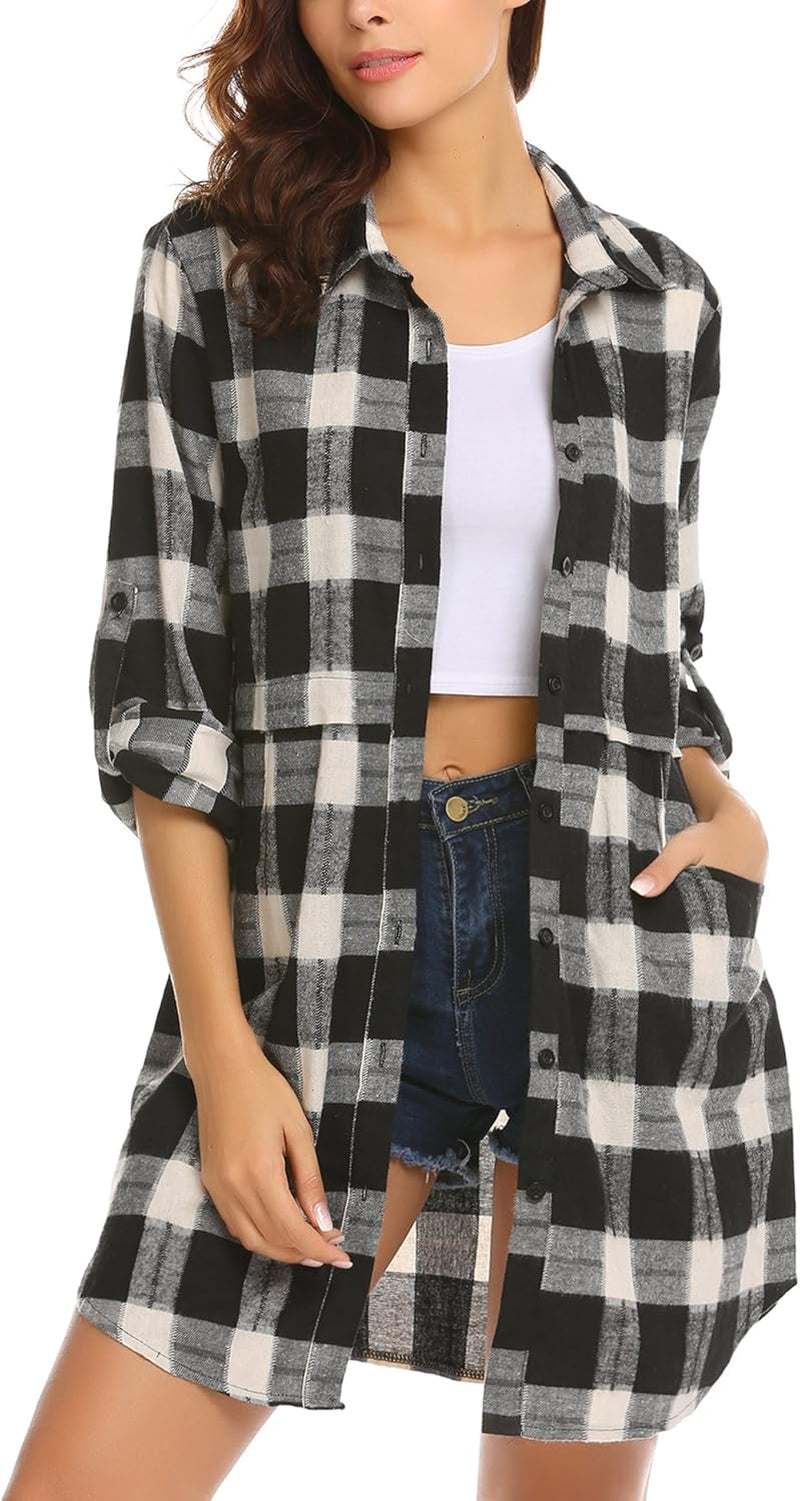 Womens Flannel Plaid Shirts Roll up Long Sleeve Pockets Mid-Long Casual Boyfriend Shirts