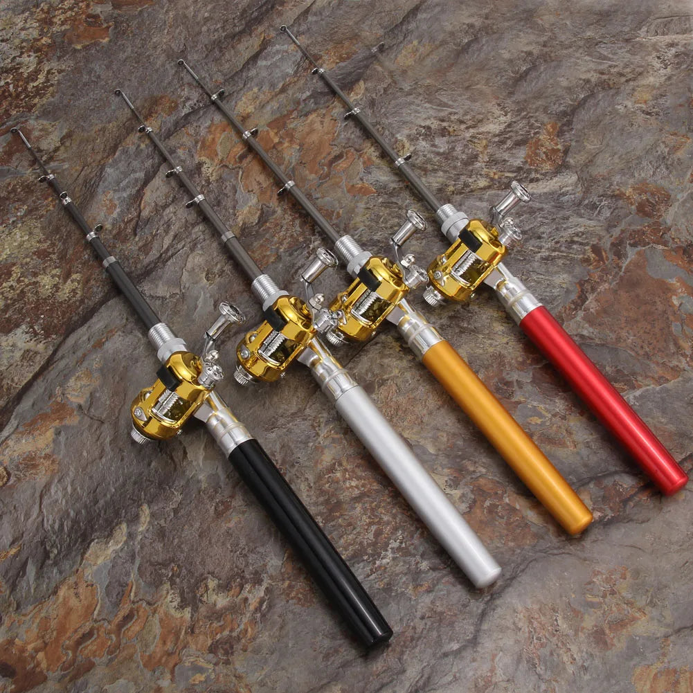 Mini Fishing Rod Portable Pocket Telescopic Pole Pen Shape Folded Fishing Rod with Reel Wheel for Outdoor River Lake Fishing