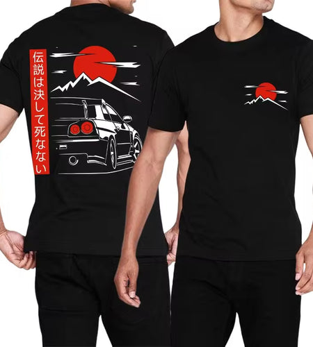 Japanese Style Car JDM Culture GTR Racing T Shirts Back Print Street Wear Original Design Oversized 100% Cotton Tops Tee Homme