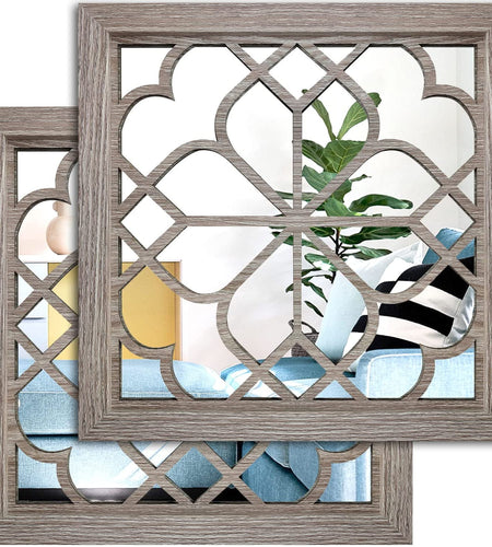 2 PCS Square Wall Mirror,Gorgeous Rustic Farmhouse Accent Mirror,Barn Wood Color Entry Mirror for Bathroom Renovation,Bedrooms,Living Rooms and More(12”X12”)