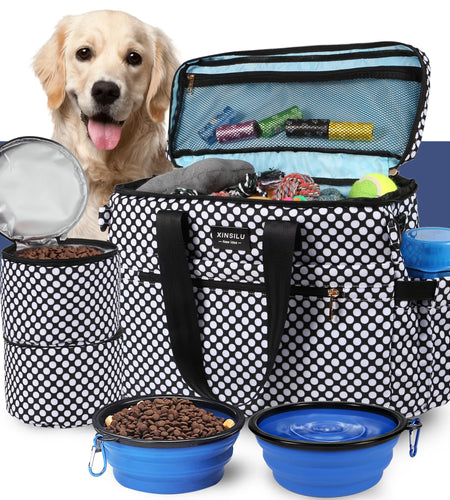 Dog Travel Bag, Weekend Pet Travel Set for Dog and Cat, Airline Approved Tote Organizer with Multi-Function Pockets-Polka Dots