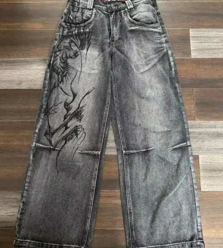 Streetwear PROTECT Jeans Y2K Mens Pants Harajuku Hip Hop Letter Embroidery Vintage Blue Baggy Jeans High Waist Wide Leg Trouser