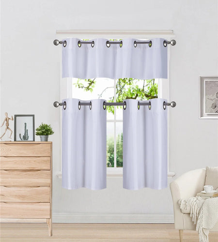 K7 White 3-Piece Insulated Blackout Curtain Treatment with Grommets for Small Windows , Set Includes Two (2) Panels 28"W X 24"L Each and One (1) Matching Valance 56"W X 14"L