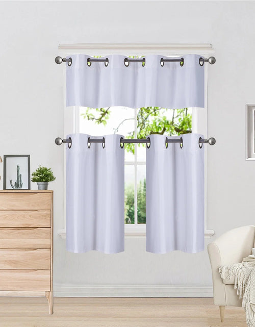 Load image into Gallery viewer, K7 White 3-Piece Insulated Blackout Curtain Treatment with Grommets for Small Windows , Set Includes Two (2) Panels 28&quot;W X 24&quot;L Each and One (1) Matching Valance 56&quot;W X 14&quot;L
