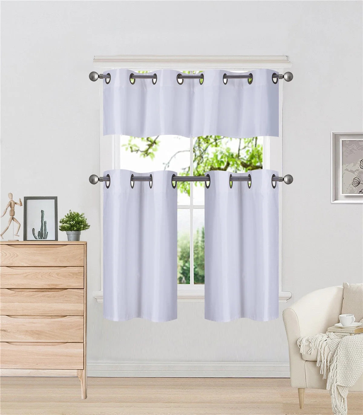 K7 White 3-Piece Insulated Blackout Curtain Treatment with Grommets for Small Windows , Set Includes Two (2) Panels 28"W X 24"L Each and One (1) Matching Valance 56"W X 14"L