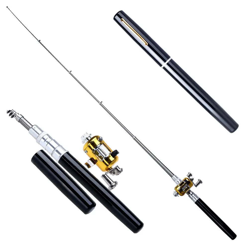 Mini Fishing Rod Portable Pocket Telescopic Pole Pen Shape Folded Fishing Rod with Reel Wheel for Outdoor River Lake Fishing