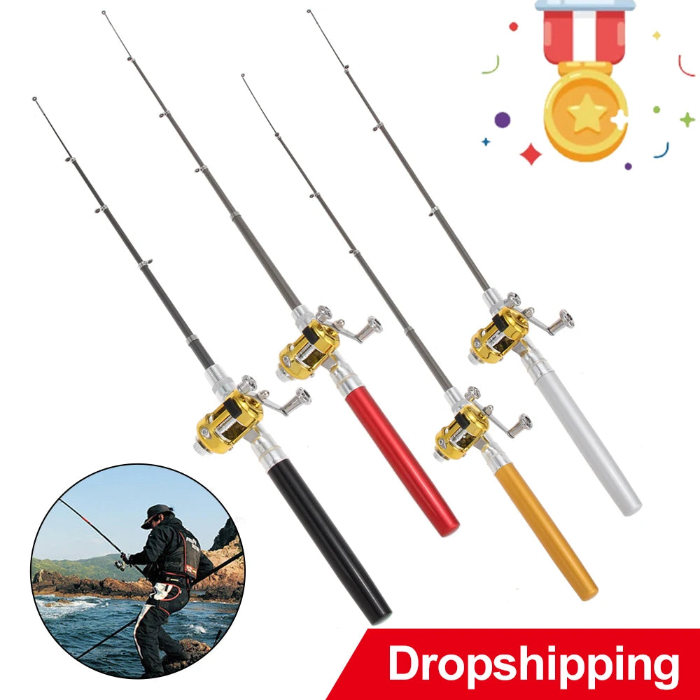 Mini Fishing Rod Portable Pocket Telescopic Pole Pen Shape Folded Fishing Rod with Reel Wheel for Outdoor River Lake Fishing