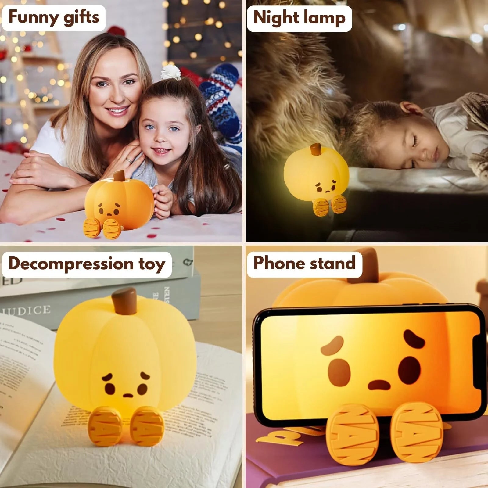 Cute LED Pumpkin Night Light, Kids Pumpkin Silicone Night Light, Adjustable Light Rechargeable Bedside Lamp, Cute and Funny Desk and Halloween Decoration Toy