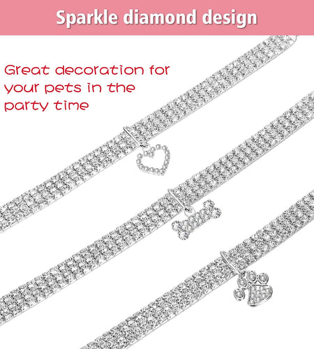 3 Pieces Bling Rhinestones Pet Collars Glitter Pendant Dog Collars Adjustable Crystal Cat Collar Elastic Pet Necklace for Small Pet Cat Dogs Puppy (White)