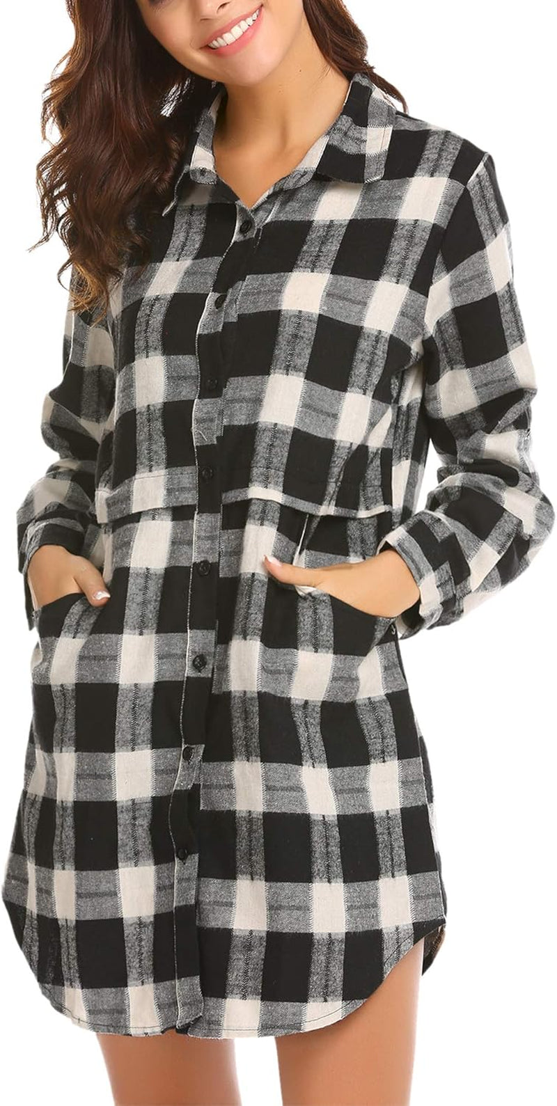 Womens Flannel Plaid Shirts Roll up Long Sleeve Pockets Mid-Long Casual Boyfriend Shirts