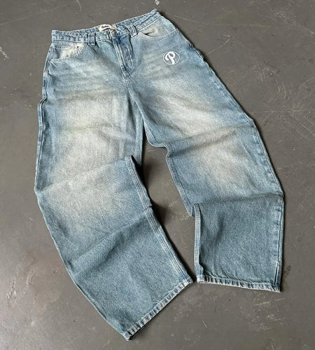 Streetwear PROTECT Jeans Y2K Mens Pants Harajuku Hip Hop Letter Embroidery Vintage Blue Baggy Jeans High Waist Wide Leg Trouser